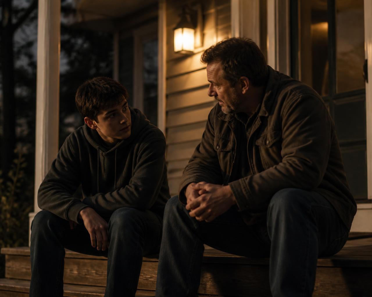 A father and his teenage son talking on the front steps of a house at dusk