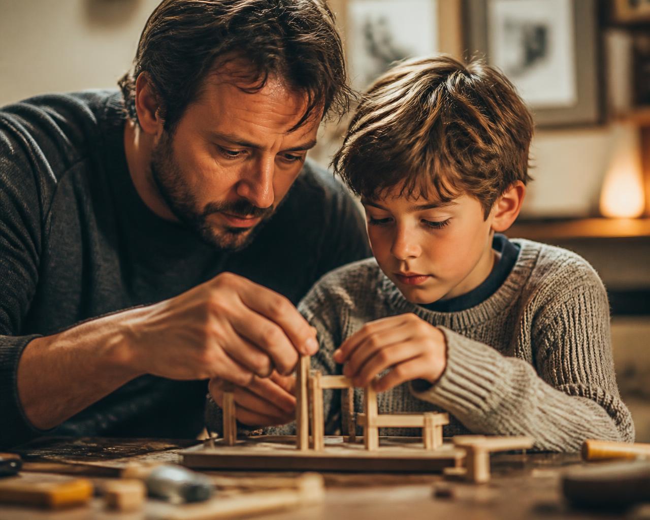A dad and his son building a wooden model together at a table