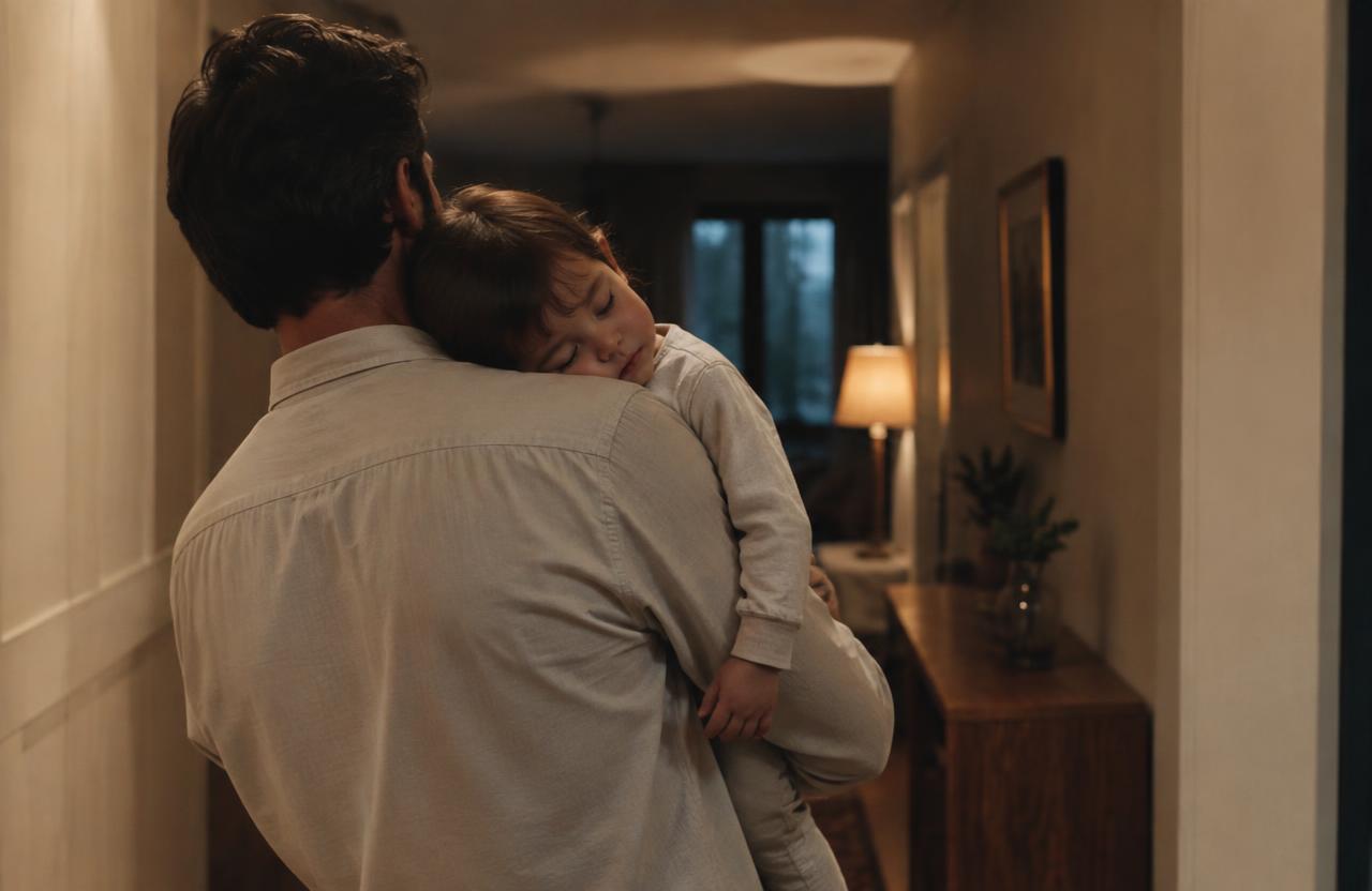 A father carrying his sleeping child through a quiet hallway at dusk