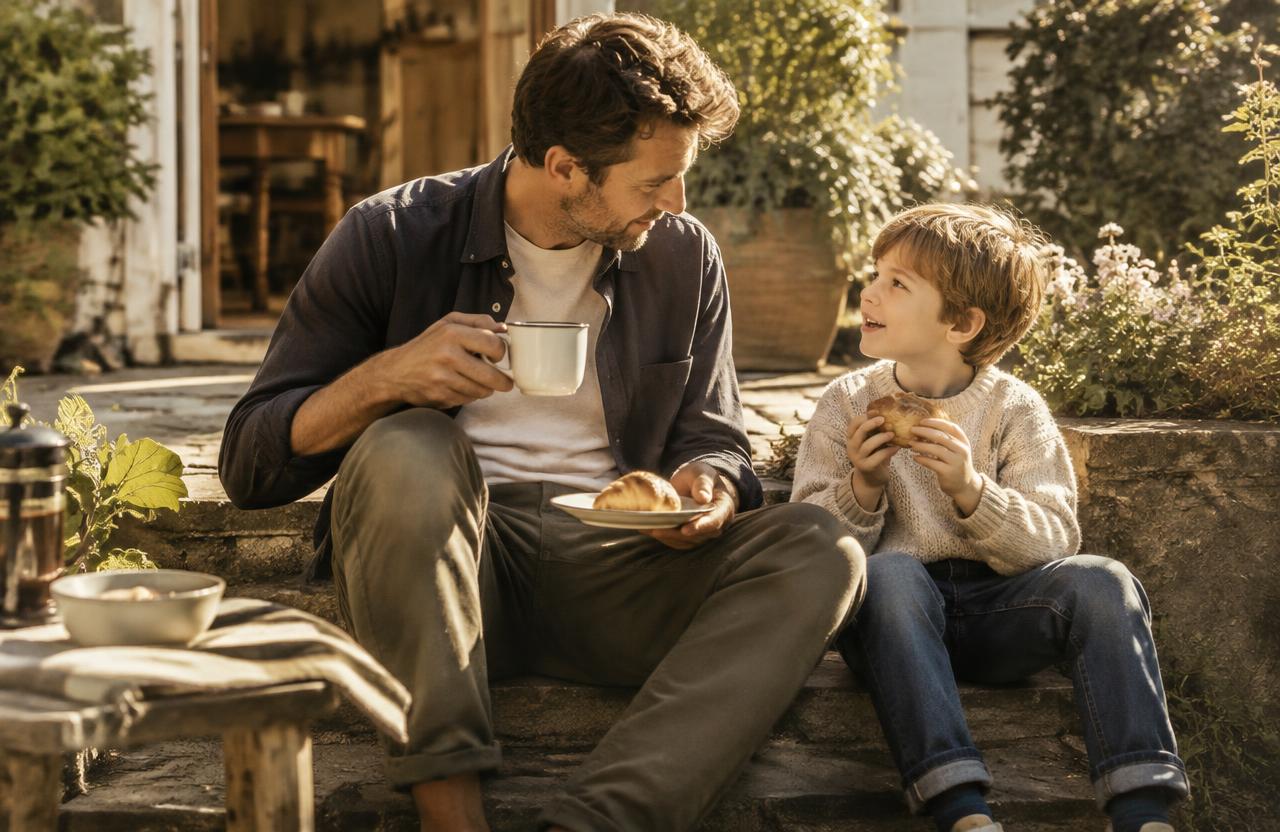 A father and his young son sharing breakfast on the back-garden steps