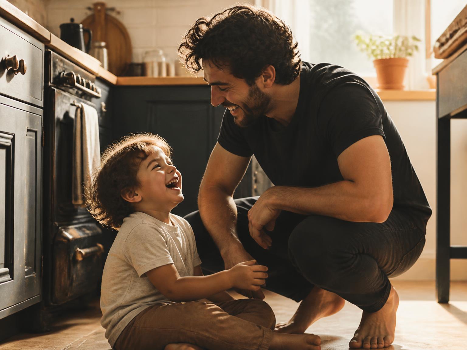 A father crouching beside his laughing young child on a sunlit kitchen floor