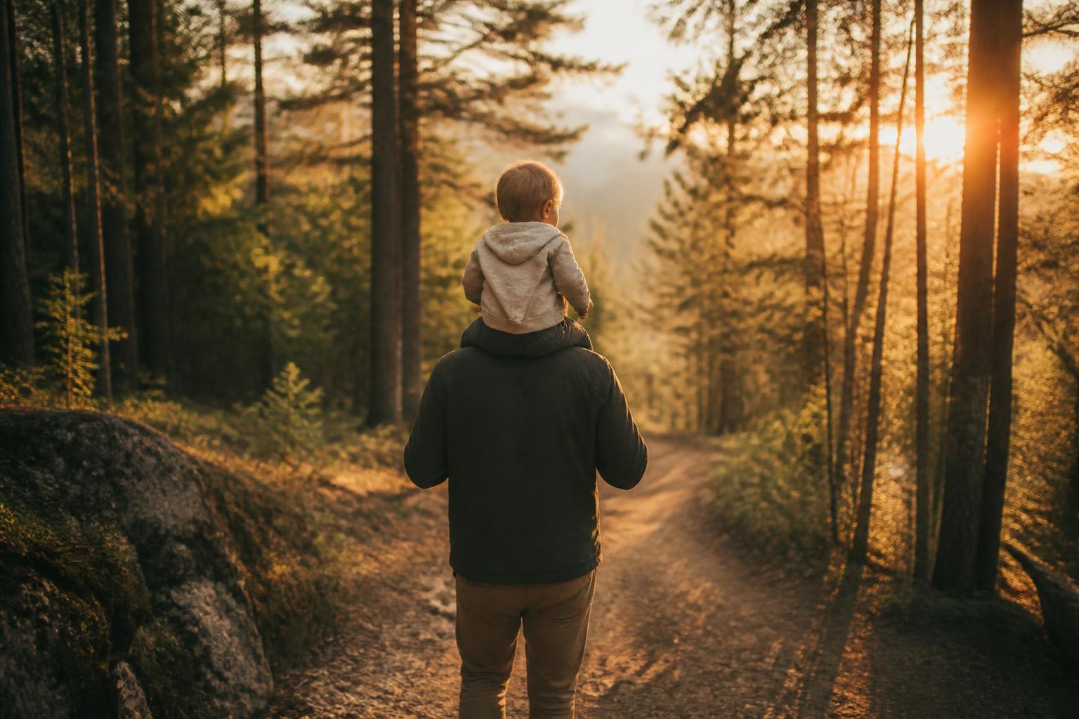 A father carrying his toddler on his shoulders along a forest trail at golden hour