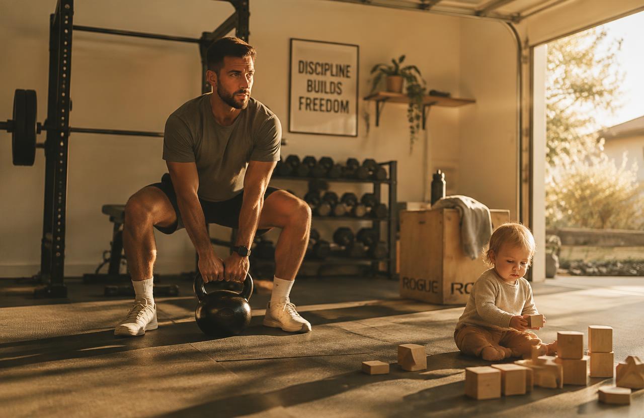 A father training with a kettlebell in a sunlit garage while his toddler plays nearby