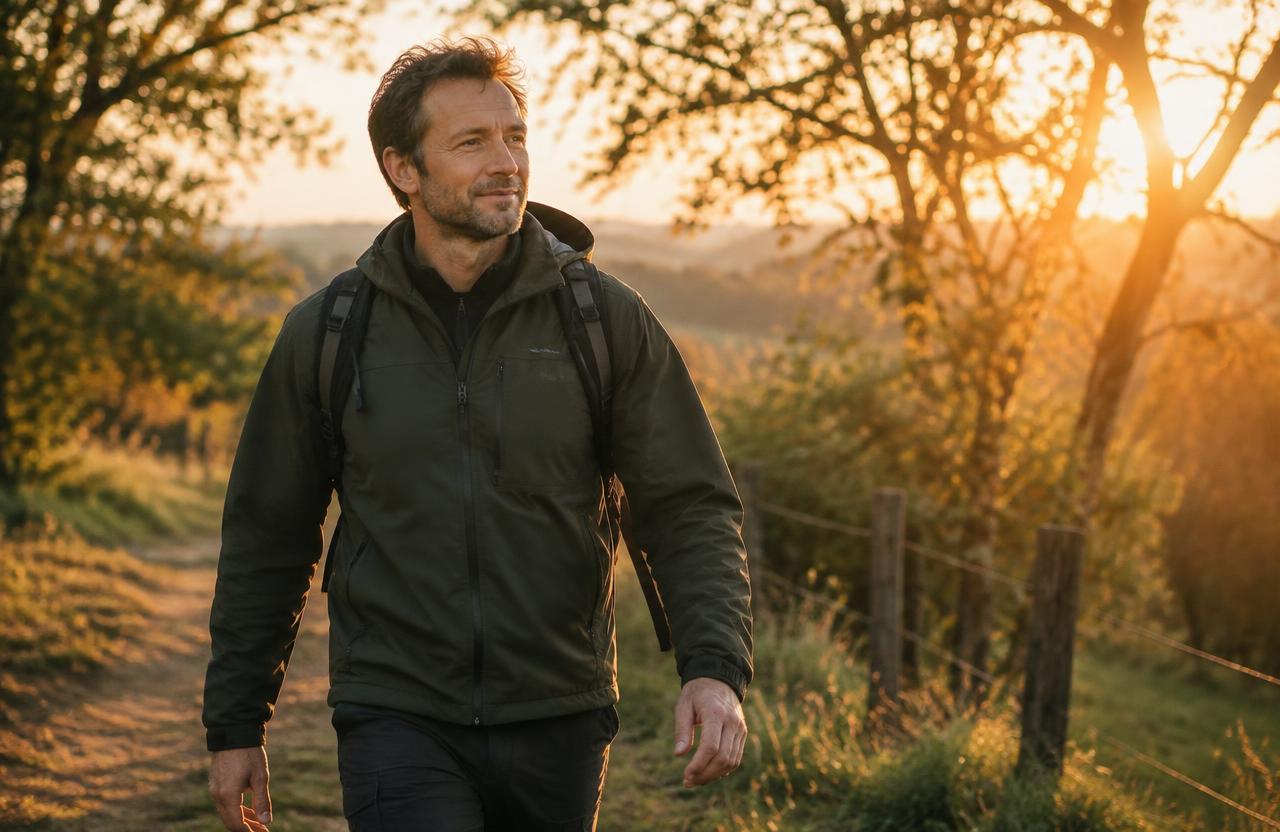 A father walking a countryside path at sunrise